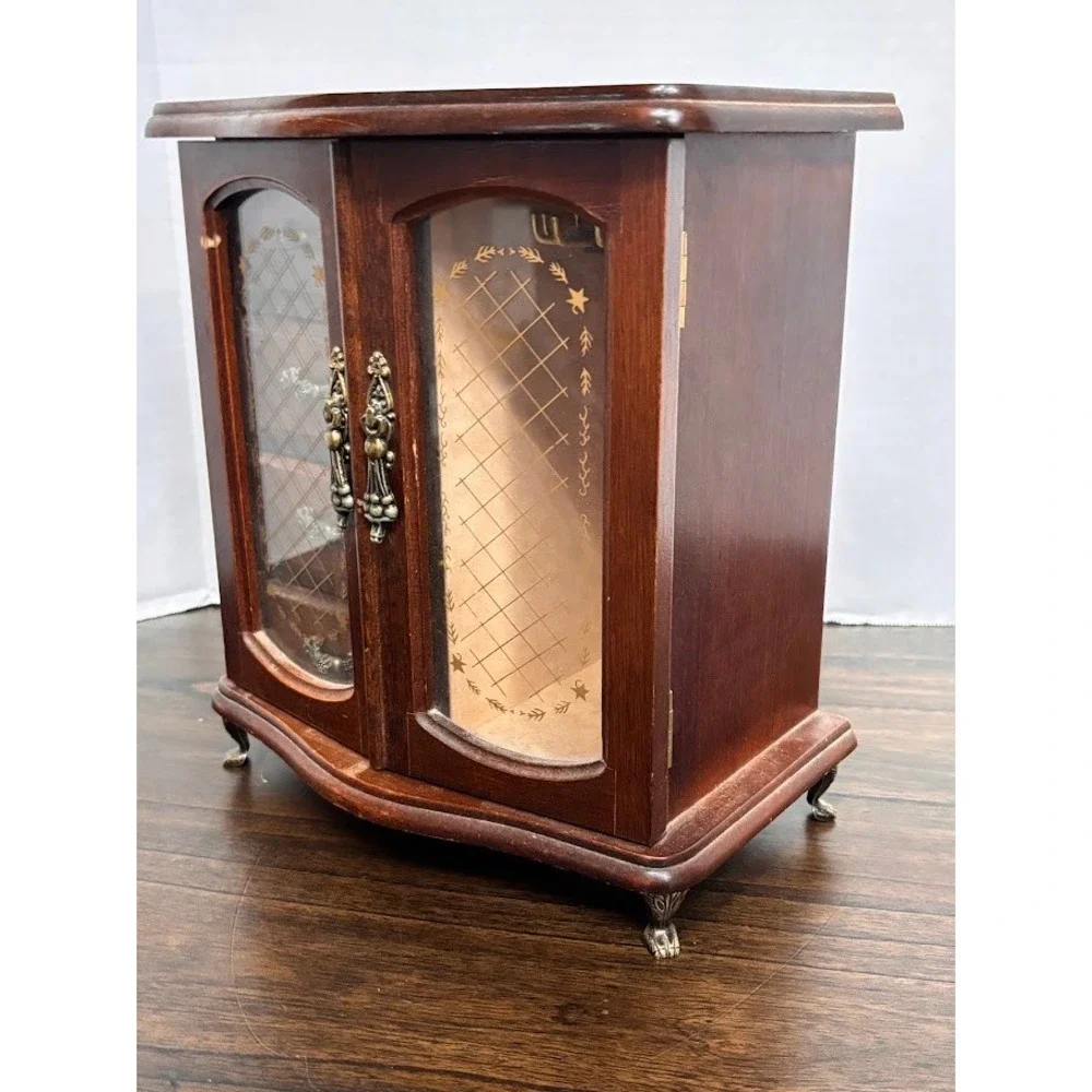 Vintage Wood Jewelry Armoire Glass Etched Doors Rotating Carousel Claw Feet